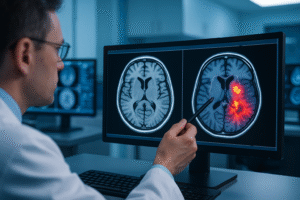 AI system analyzing medical brain scan for accurate diagnosis